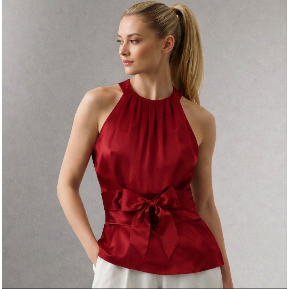 Ann Taylor Red Satin Halter with Waist Bow